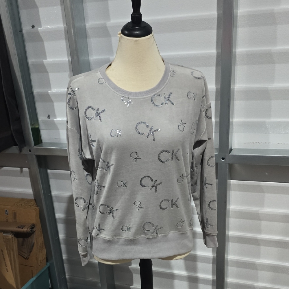 Calvin Klein Silver Sequin -Print Gray Logo Sweatshirt‎ Size Small